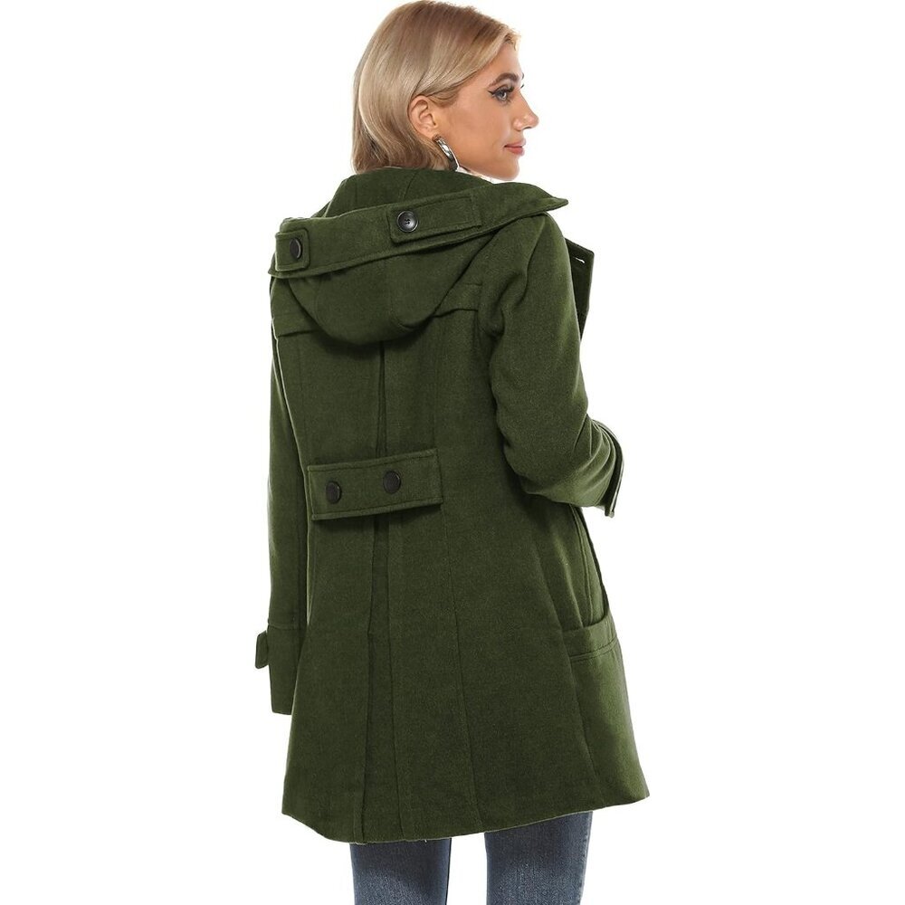 Women's Army Green Winter Warm Double Breasted Wool Trench Coat Jacket With Hood - Picture 3 of 5